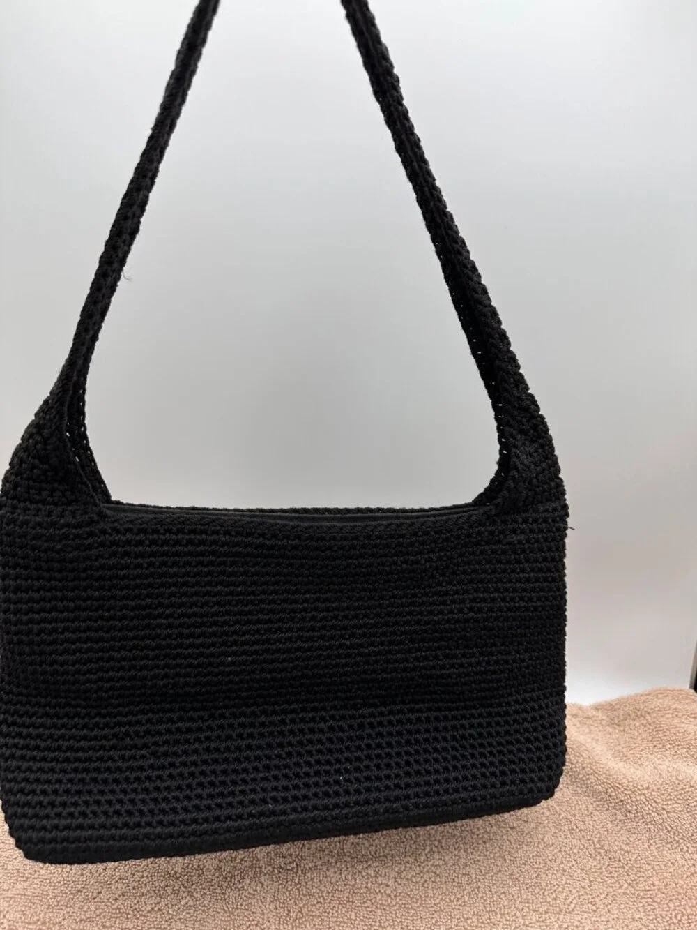 The Sak Crochet Casual Handbag Purse Hobo Stylist  Bag Lined Black